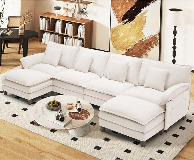 Comfy Cloud Couch with Movable Ottoman, Modular Sectional Sofa, 140" U Shaped Modern Sofa with Pillows, Deep Seat Couches for Living Room, Bedroom and Apartment, Beige