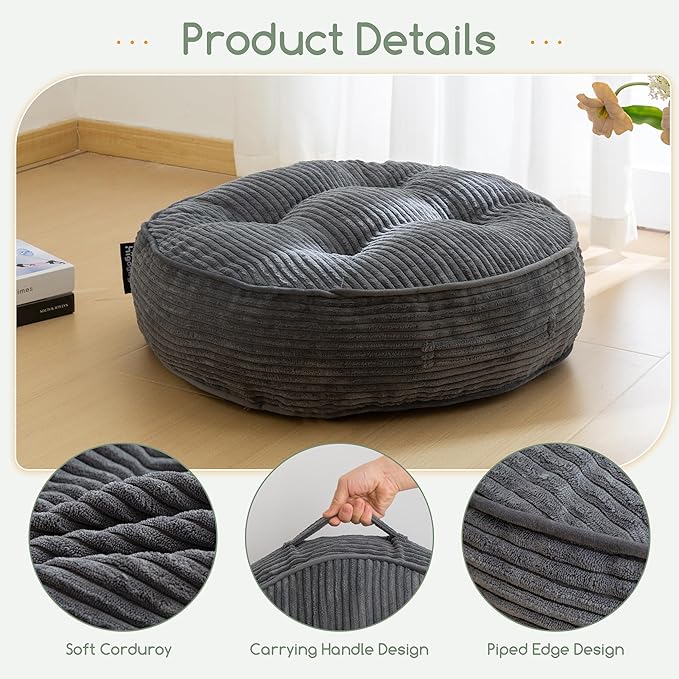 6" Washable Floor Pillow Cushion for Adults, Meditation Cushion Pillow, Large Round Floor Sitting, Removable Tufted Corduroy Cover, for Tatami Living Room or Yoga, 22x22 Inch, 2Pack, Machine Washable
