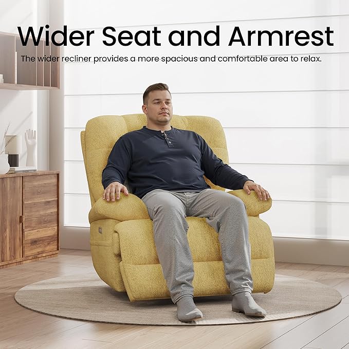 COLAMY Floren Power Swivel Recliner Chair with USB & Type-c Charge,Oversized and Padded Upholstered Deep Seat and Armrest，Rocking Recliner with Double Storage Pockets,Yellow