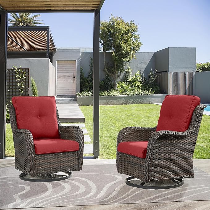 Belord 5 Piece Outdoor Patio Furniture Set - Wicker Furniture Patio Conversation Set, Outdoor Swivel Rocker Chairs with 3-Seater Sofa and 2 Ottomans for Small Space, Red Cushion