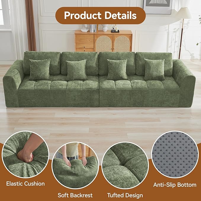 140''Modular Sectional Couches for Living Room, Cloud Boneless Compressed Sectional Sofa, Oversized 4 Seater Upholstered Memory Foam Sofa, No Assembly, Chenille Green
