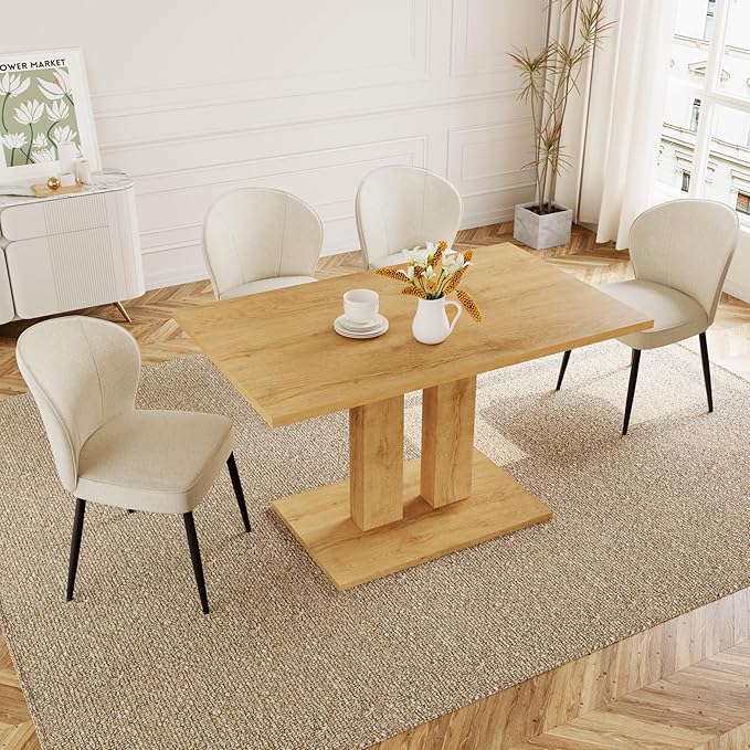 Dining Table Set for 4-6 People, 46 Inch Modern MDF Oak Kitchen Table with 4 Fabric Dining Chairs, Rectangular Dining Room Table Set for Home, Small Spaces, Breakfast Nook (Oak Table + 4 Beige Chairs)