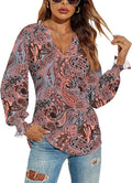 Romanstii Women's Casual V-Neck T-Shirts Loose Puff Long Sleeve Tops Tunic Blouses