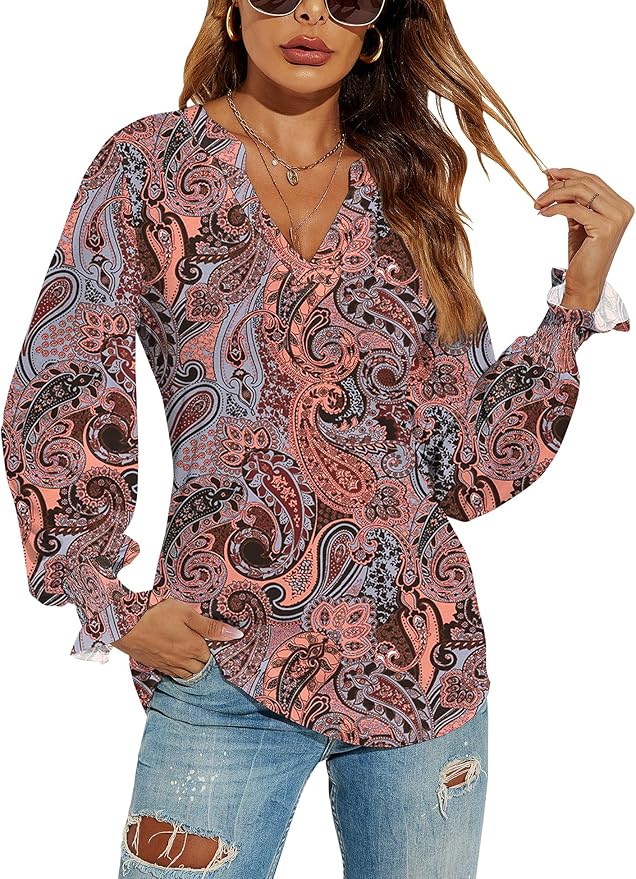 Romanstii Women's Casual V-Neck T-Shirts Loose Puff Long Sleeve Tops Tunic Blouses