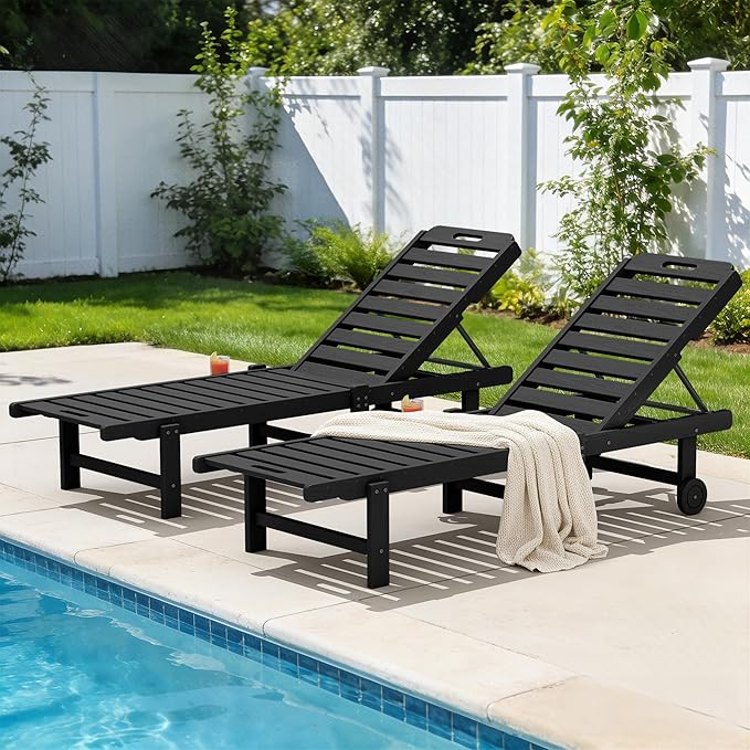SERWALL Patio Lounge Chair Set of 2, HDPE Outdoor Lounger with Cup Holder, 5 Positions Adjustable Pool Lounger with Rolling Wheels for Poolside, Black