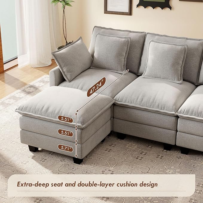 Ihanherry 106" U-Shaped Modern Sofa Modular Sectional Cloud Couch 6-Seat Chenille Seat Sofa with Ottoman for Living Room, Bedroom and Apartment, Grey