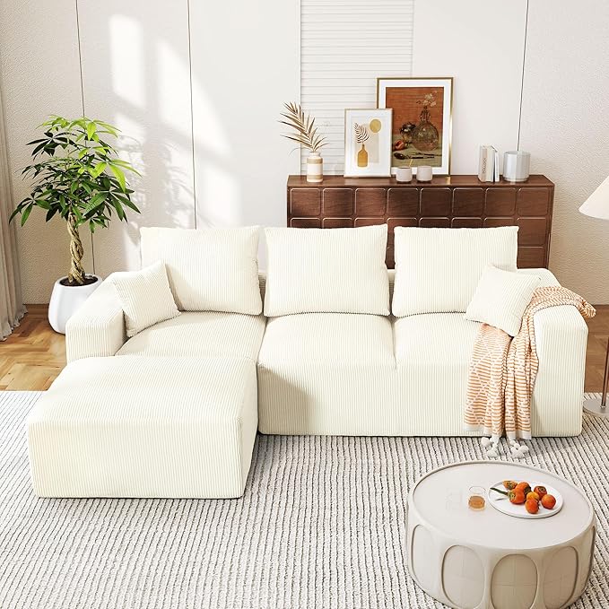 WESTSETLUX 108” Cloud Sectional Sofa Couch with High-Seat, Corduroy Modular Sofa with Oversized Chaise, High-Back Modern L-Shaped Couches for Living Room, No Assembly Required (White)