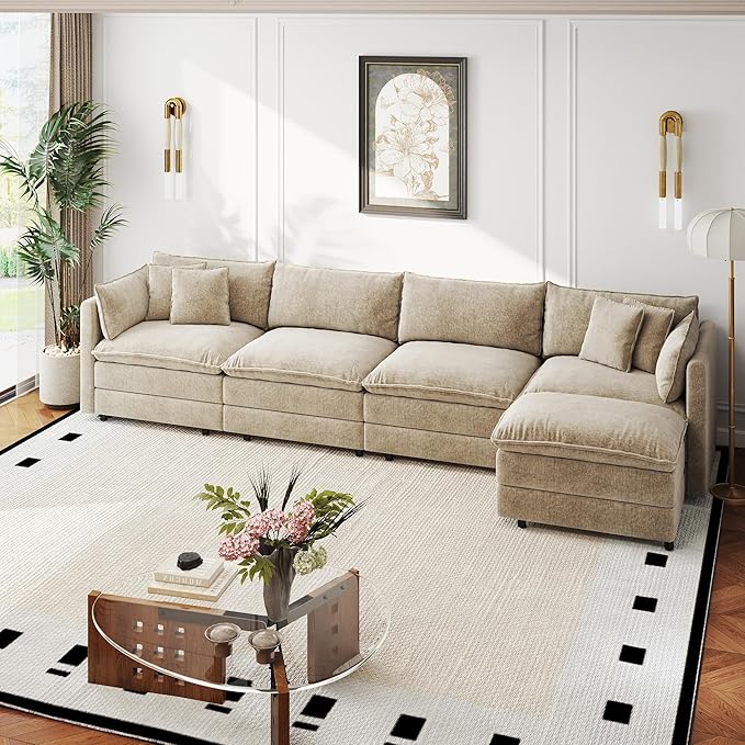 Aoowow Modular Sectional Sofa Modern Convertible L Shaped Couch,147.2 Inch Deep 4-Seater Sofas Set Comfy Chenille Cloud Sofas and Couches with Movable Ottoman for Living Room Apartment（Camel）