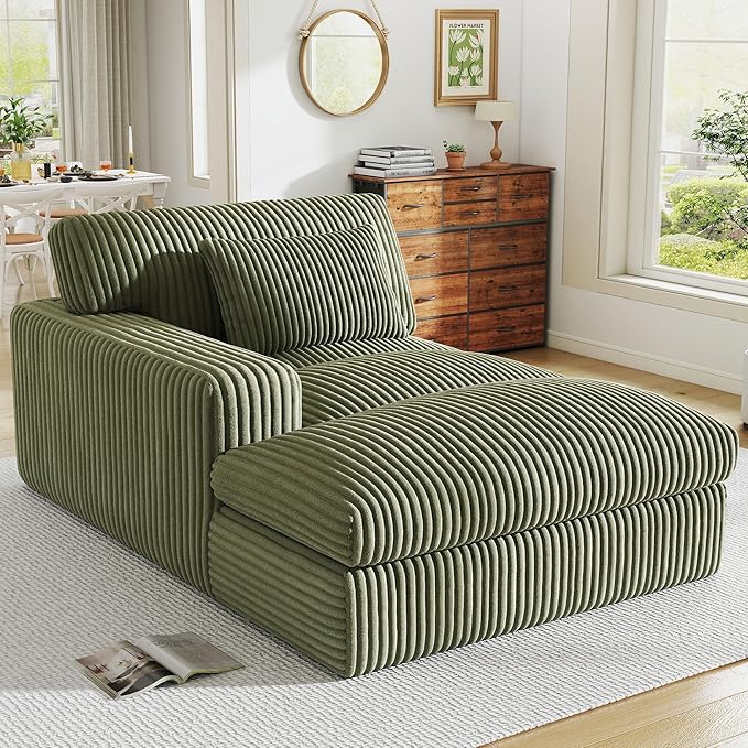 Oversized Chaise Lounge Sofa Chair Indoor，Soft Corduroy Fabric, Boneless sofawith Cushion，A Comfortable, deep-Seated Cloud Sofa for use in The Living Room.(Singler-Left-arm-Green)