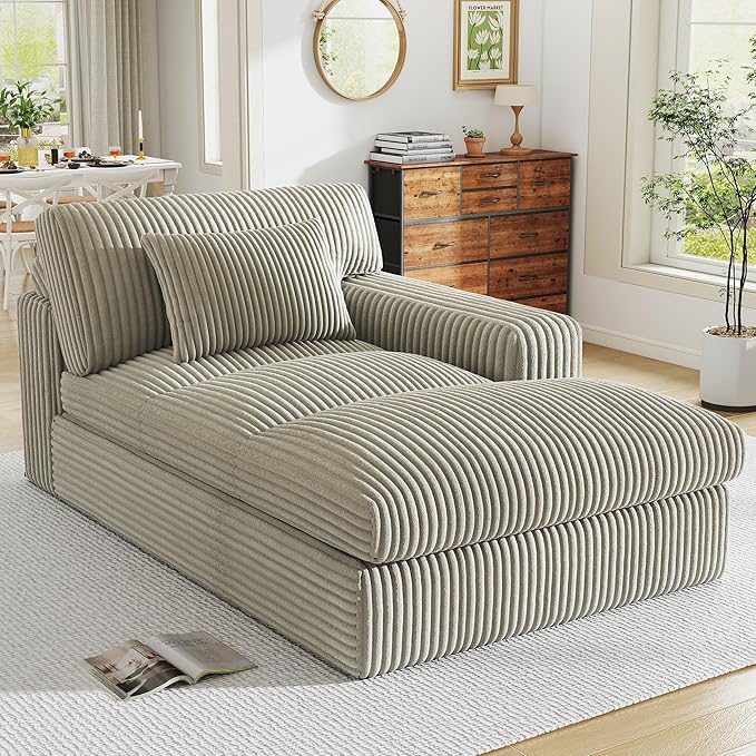 Oversized Chaise Lounge Sofa Chair Indoor，Soft Corduroy Fabric, Boneless sofawith Cushion，A Comfortable, deep-Seated Cloud Sofa for use in The Living Room.(Singler-Right-arm-Gray)