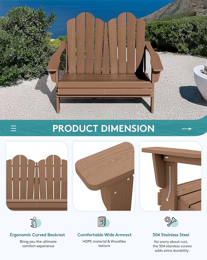 SERWALL Folding Adirondack Bench, HDPE All-Weather Adirondack Loveseat Set of 2, Brown