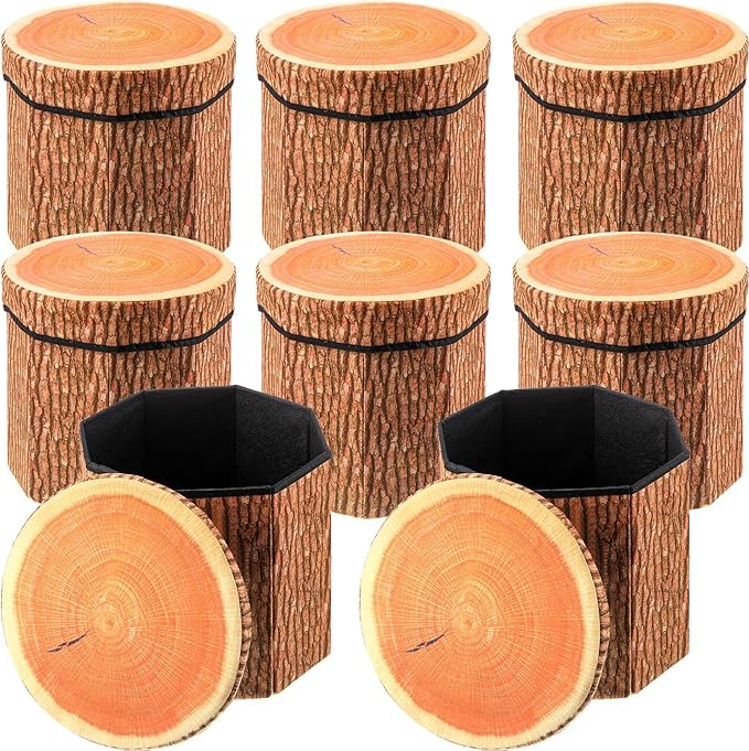 Amylove 8 Pack Tree Stump Storage Stool 12 x 12 Inch Stool Ottoman, Cute Folding Storage Box with Foam Cushion, Collapsible Seat Chest (Classic)