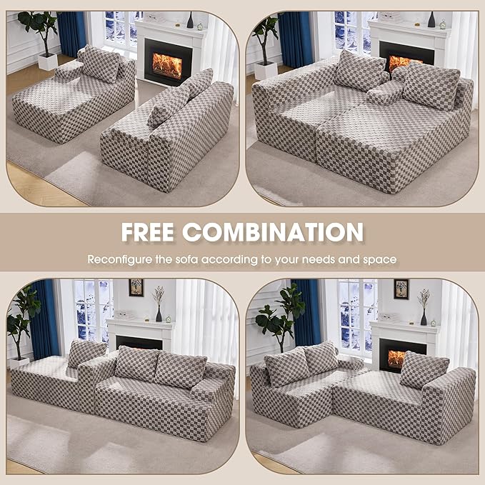 Modular Sectional Sofa Couches L-Shape Couch 3 Seat Modular Sofa Memory Foam Sectional Couches for Living Room, Cloud Couch with Oversized Chaise (Grey Check, 96" Left Facing Chaise)
