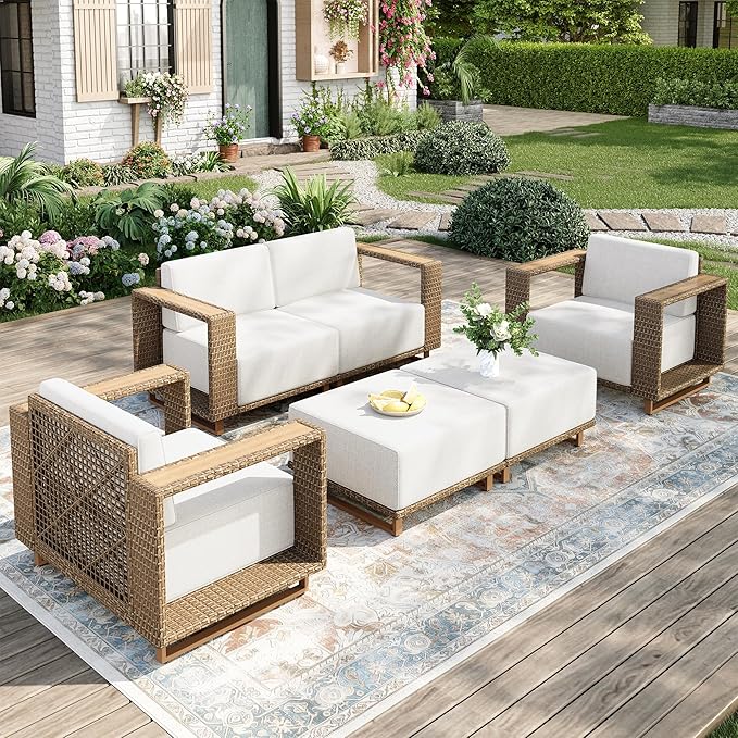 MIXPATIO Outdoor Patio Furniture Set, 6 Piece Outdoor Rattan Wicker Couch Set, Conversation Sets with 2 Single Sofas, 2 Armchairs and 2 Ottomans for Deck Backyard Lawn