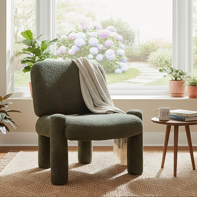 Wahson Modern Green Accent Chair, Chenille Fabric Upholstered Single Sofa with Padded Back & Solid Wood Legs, Comfy Reading Chair Side Chair for Living Room/Bedroom/Corner, Areless
