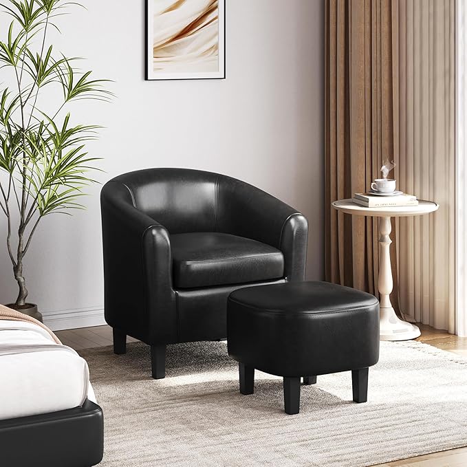 Yaheetech Accent Chair with Ottoman Set, Modern Faux Leather Upholstered Soft Barrel Chair and Footrest, Club Armchair and Footstool for Living Room/Bedroom/Reading Room/Guest Room, Black
