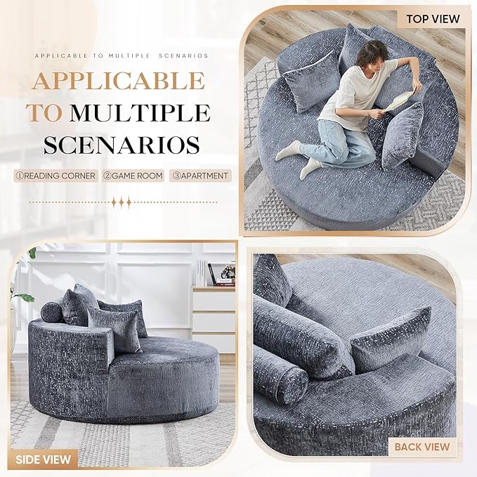 JEEOHEY Modern Round Accent Sofa Chair for Living Room, Upholstered Chenille Barrel Lounge Arm Chair with Large seat&Throw Pillows for Bedroom, Office, Apartment, Grey