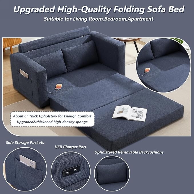 Chorlenimi Convertible Sofa Bed Comfy Linen Sleeper Sofa with Storage Pockets,USB Charging Port,Futon Floor Couch for Living Room,Bedroom,Apartment (Blue, 48 Inches)
