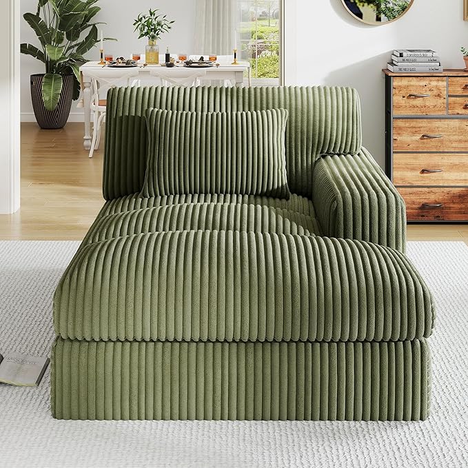 Oversized Chaise Lounge Sofa Chair Indoor，Soft Corduroy Fabric, Boneless sofawith Cushion，A Comfortable, deep-Seated Cloud Sofa for use in The Living Room.(Singler-Right-arm-Green)