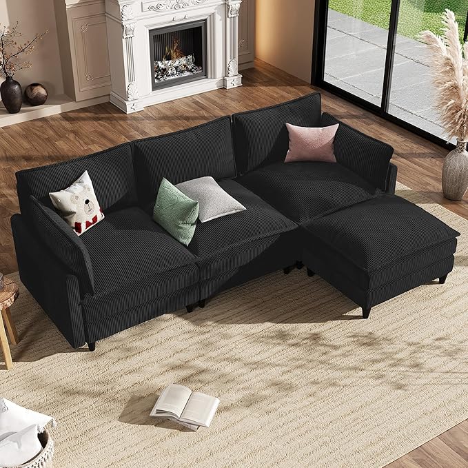 Apicizon 108" Cloud Couch Sectional, L Shaped Cloud Sofa with Side Storage Pocket, Modern Corduroy Sofa Set for Living Room, Office, Black