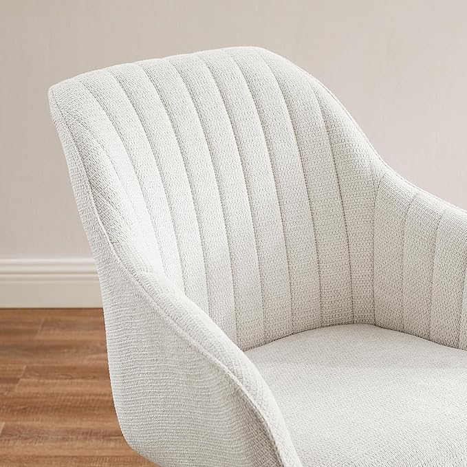 Art Leon Desk Chair No Wheels, Mid Century Modern Office Chair, Swivel Accent Chair with Oak Wood Legs, Fabric Upholstered Arm Chair, Ivory