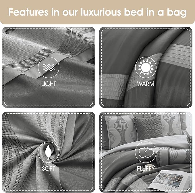 Grand Avenue 7 Piece Grey Comforter Set, Queen Size Jacquard Bedding Set, All Season Geometric Patchwork Bedding Set, Matching Pillows, Shams, Bed Skirt