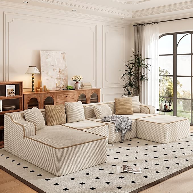 PHI VILLA Cloud Modular Couch, Boneless Sectional Sofa with U-Shaped Chaise, 6-Seater Couches with Movable Ottoman for Living Room, No Assembly Required, Corduroy, Beige
