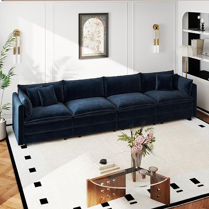 Aoowow Modular Sectional Sofa,147.2 Inch Deep 4-Seater Sofas Comfy Chenille Cloud Sofas and Couches with Pillows for Living Room Apartment（Blue）