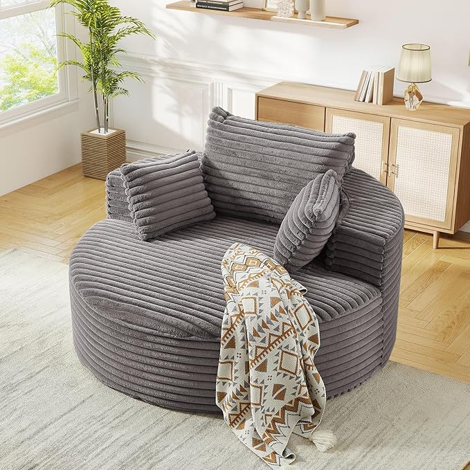 JEEOHEY Modern Round Accent Sofa Chair for Living Room, Upholstered Corduroy Barrel Lounge Arm Chair with Large seat&Throw Pillows for Bedroom, Office, Apartment, Grey