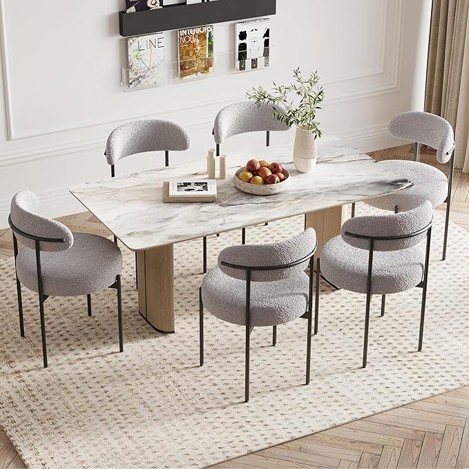Farini Dining Chairs Set of 4,Mid-Century Modern Kitchen Chair Curved Backrest Round Upholstered Sherpa Dining Chairs with Metal Legs,Grey