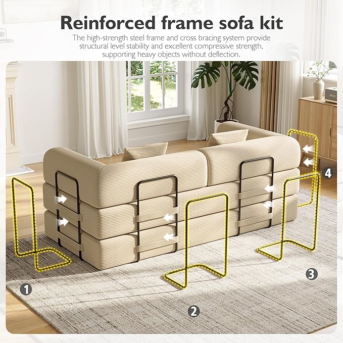 79 Inch 5-in-1 Convertible Sofa Bed, Corduroy Boneless Floor Couch with Fixed Frame & Pillow, Modular Folding Mattress Lounger for Small Space, Living Room, Bedroom - Easy Assembly(Beige)