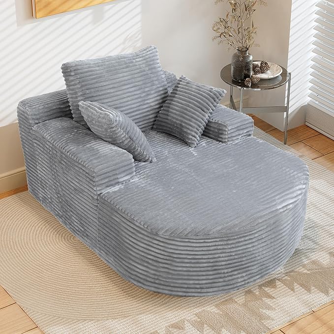 WJShome Corduroy D-Shaped Couches, Oversized Round Chair with Pillows, Circle Chair Sleeper Couch,Modern Sleeper Boneless Sofa for Reading, Gray