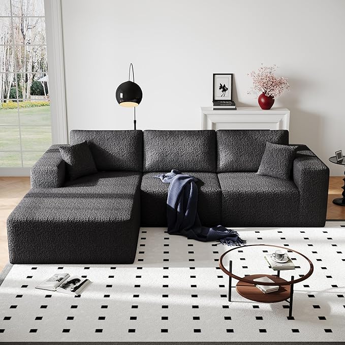 108" Cloud Modular Sectional Couch with L-Shape Chaise, Modern Sectional Sofa with Deep Seat Couch, Ultra Soft Knit Fabric Couches for Living Room, No Assembly Required, Left Facing Chaise (Black)