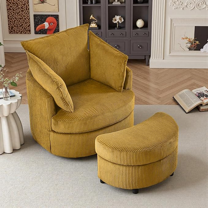 Chorlenimi Swivel Accent Chair Round Barrel Armchair Upholstered Living Room Chair Corduroy Reading Chair Single Sofa Chair for Bedroom Apartment Office (Yellow, Upgrade 1Seater+ Ottoman)