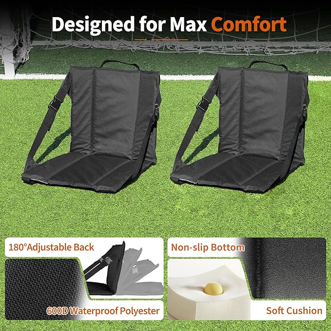 CAMPHILL 2PCS Portable Stadium Seat Cushion for Bleachers,Folding Lightweight Seat with Backrest,Adjustable Straps,Ideal for Camping,Hiking,Sports Events,Outdoor Concerts