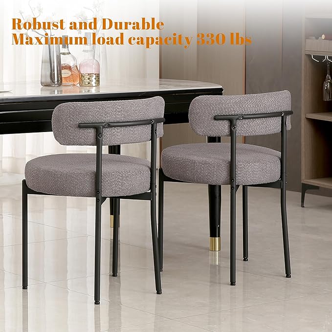 DYHOME Dark Grey Dining Chairs Set of 2, Mid-Century Modern Dining Chairs, Kitchen Dining Room Chairs, Curved Backrest Round Upholstered Boucle Sherpa Dining Chair with Black Metal Legs
