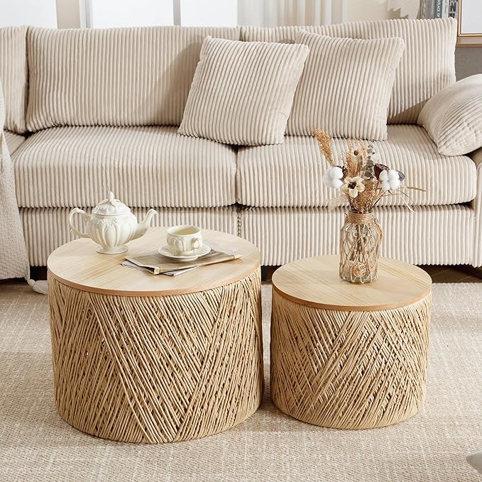 LZAREAL Farmhouse Round Coffee Table with Storage Boho Living Room Table with Lifting Top Hand-Woven Rattan Nesting Coffee Tables for Living Room, Natural
