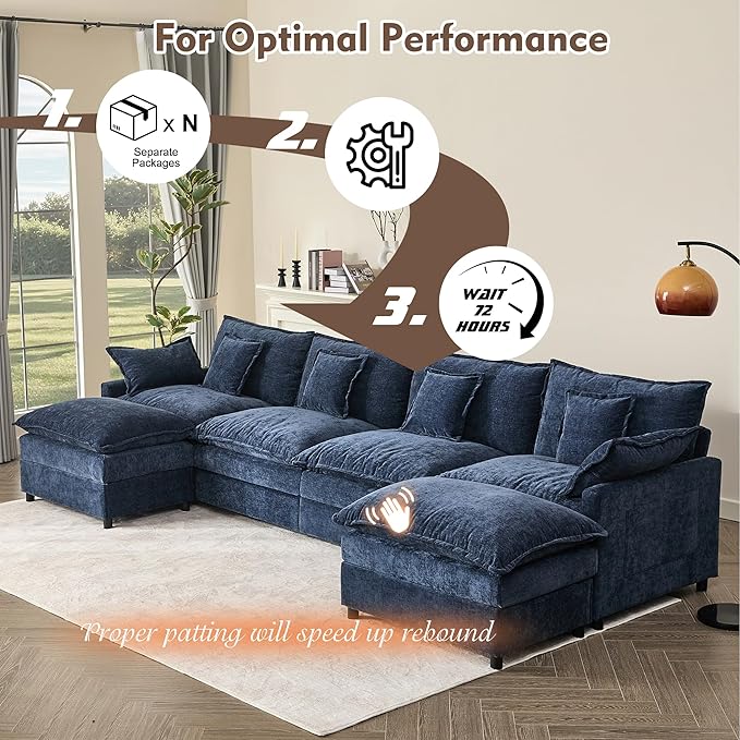 GOSUHI 142.5" U Shaped Couch, Modular Sectional Sofa, 3-Seater Comfy Cloud Couch with Movable Ottoman, Deep Seat Couches for Living Room, Chenille, Navy