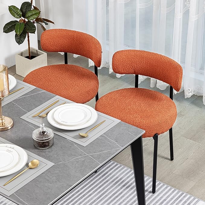 DYHOME Dining Chair One Chair for Kitchen Dining Room,Upholstered Modern Boucle Dining Chair with Black Metal Legs Curved Backrest, Orange