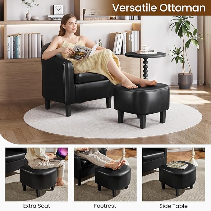 Yaheetech Accent Chair with Ottoman Set, Modern Faux Leather Upholstered Soft Barrel Chair and Footrest, Club Armchair and Footstool for Living Room/Bedroom/Reading Room/Guest Room, Black