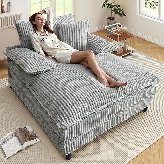 54.8" W Oversized Chaise Lounge Chair Indoor with 5-Position Adjustable Backrest, Corduroy Sleeper Sofa Bed with 3 Pillows, Modern Cloud Couch Chair for Living Room, Bedroom, Grey