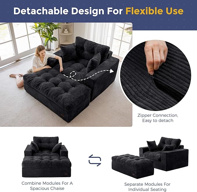 MAXYOYO Oversized Chaise Lounge Sofa, Upholstered Lounge Chair with 3 Pillows, Tufted Boneless Sofa Couch with Ottoman, Deep Seat Sleeper Chair for Living Room, Bedroom, No Assembly, Black