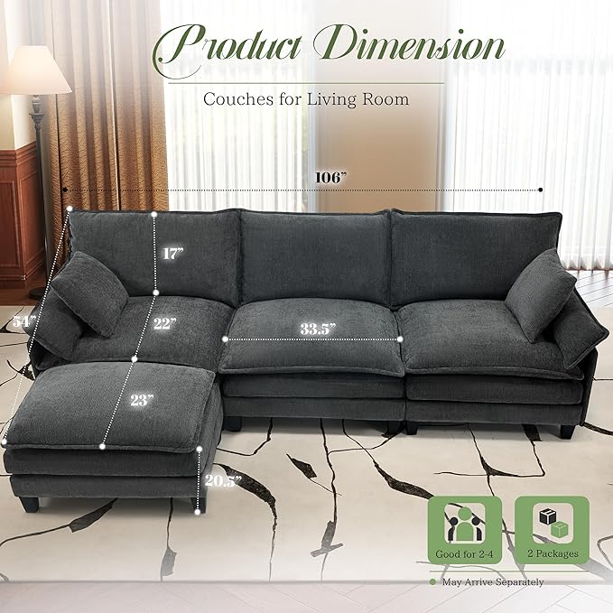 Comfy Cloud Couch with Movable Ottoman, Modular Sectional Sofa, 106" L Shaped Modern Sofa with Pillows, Deep Seat Couches for Living Room, Bedroom and Apartment, Grey