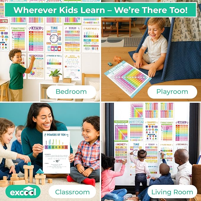 EXCOOL CLUB 16 Boho Math Posters For Elementary School - Laminated Multiplication Chart For 4th Grade Decor, Addition Subtraction Chart Educational Poster, 5th Grade Classroom Must Haves (11x17)