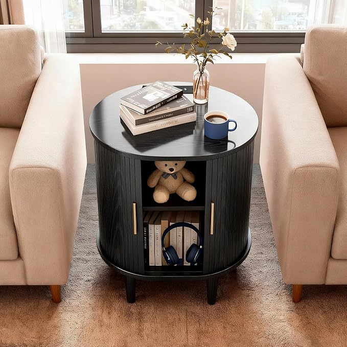 DHH Mid Century Modern Nightstand Set of 2 with Charging Station, Fluted Accent Side Table with Sliding Door & Adjustable Shelf, End Table for Small Space, Living Room, Bedroom,Sofa Couch, Black