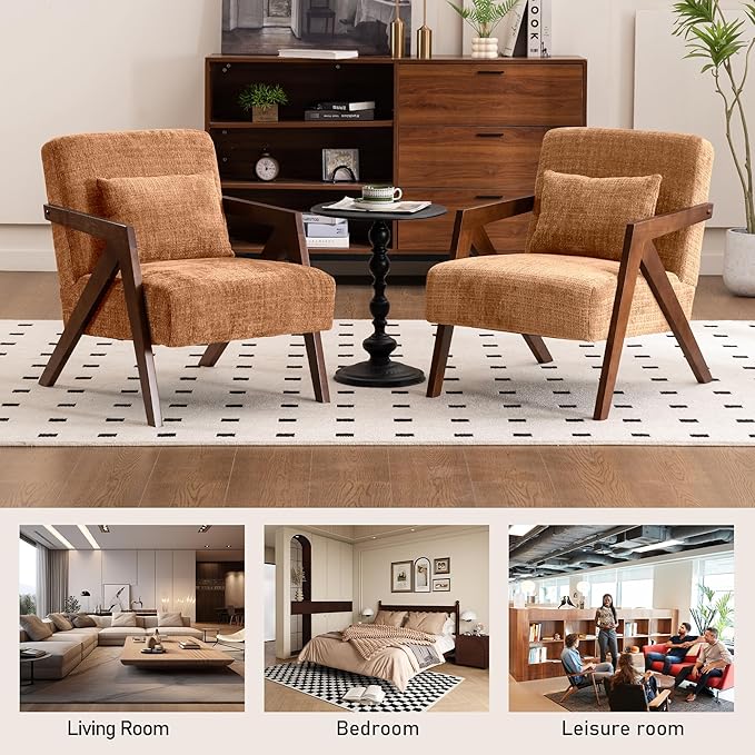 Mid-Century Modern Accent Chair Set of 2 with Solid Wood Frame，Upholstered Chenille Living Room Arm Chairs with Pillow for Bedroom, Living Room, Reading Room, Balcony, Brown