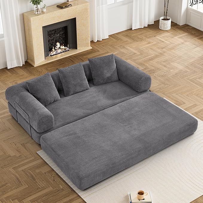 DAMAIFROM Convertible Sleeper Sofa Bed with Pillow, 4-in-1 Corduroy Folding Mattress Couch with Fixed-Shape Frame, Futon Fold Out Floor Sofa Cama Lounge Couch for Living Room Bedroom Studio, Grey