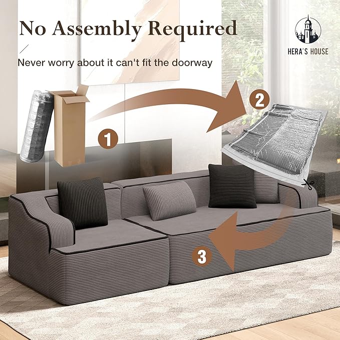 HERA'S HOUSE 105" Cloud Sectional Couch, Modular Upholstered Sofa with Wide Armrest, Corduroy Boneless Couches with 4 Throw Pillows for Living Room, No Assembly Required, Grey
