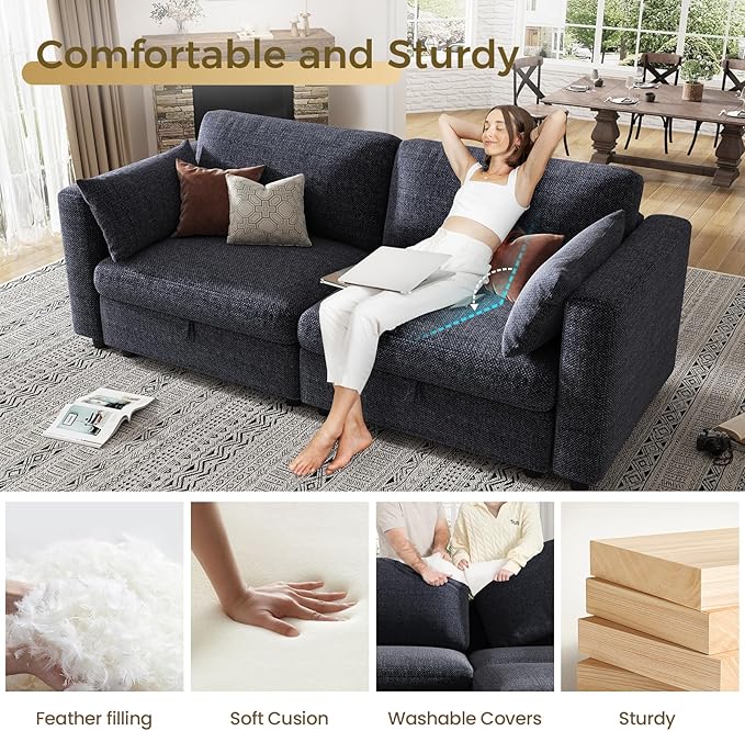 KKL Modular Sectional Sofa Couches for Living Room, 79" Loveseat Couch Down Filled Sectional Sofa with Adjustable Backrest, Oversize Cloud Deep Couch 2 Seater with Comfy Cushion, Chenille, Blue