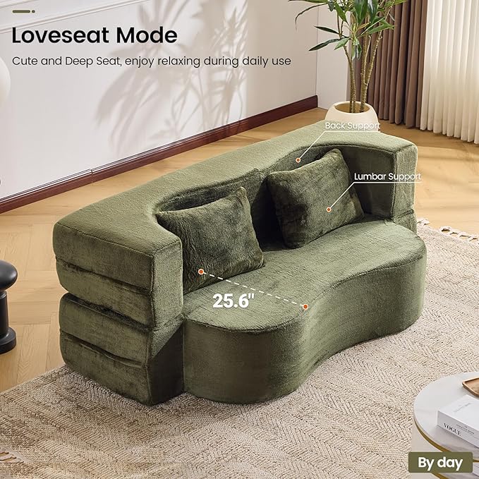 Orynveela Convertible Folding Sofa Bed, 71” Single Size Floor Sleeper Couch, Chenille Full Foam Futon Loveseat for Living Room Bedroom, No Assembly Required (Green)